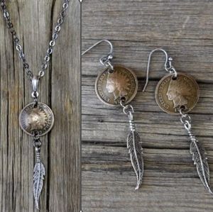 ANTIQUE Handmade Indian Head Penny Feather French Hook Earrings & Necklace set